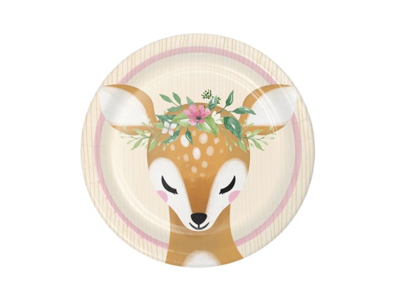 Deer Party Plates, 8 Small Deer Plates, Deer Baby Shower, Girl Woodland Party, Oh Deer, Floral Deer Party Decorations, Deer One Birthday Il_570xn