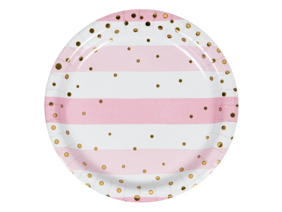 Pink and Gold Party Plates, Pink Striped Paper Plate, Pink and Gold Tableware, Pink Party Decorations, Quinceanera, Princess Party, Sweet 16 Il_570xn