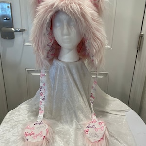 Pink hat with Barbie fabric lining imitation fur hat - with ears - adult