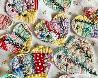 Hand Embroidered on Vintage Quilt Heart Ornaments/Pocket Prayers/Pocket Hugs/Appliqué/Patch/Decor