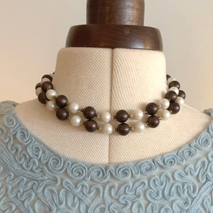Double Strand Multi Colored Faux Pearl Necklace 16 inch Choker White and Chocolate Brown 10 mm Beads With Slide Clasp Closure,Midcentury