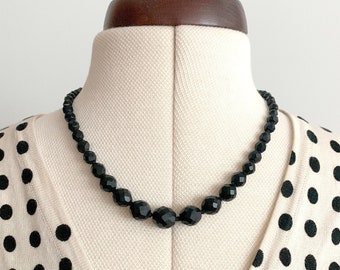 Matte Black One Strand Graduated Necklace with Faceted Glass Beads Princess Length Midcentury Vintage Jewelry
