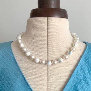 Faux Pearl  Single Strand Necklace with Faceted White Glass Beads And Slide Clasp Closure set with Rhinestones Midcentury Costume Jewelry