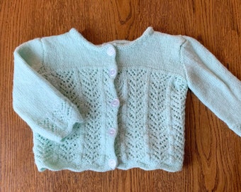 Hand Knit Vintage Baby Cardigan Mint Green With 5 Buttons