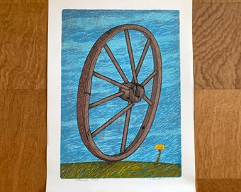 Vintage Art Silkscreen Print Signed Öhman 1984 Swedish Artist Old Wagon Wheel and Coltsfoot Serigraph