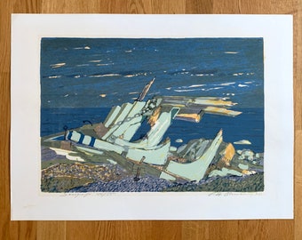 Silkscreen Print 1974 Signed Öhman Swedish Artist Old Barge Wreck Vintage Art Midcentury Serigraph Blue Sea Art