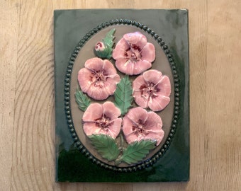 Swedish Midcentury Ceramic Wall Plaque With Pink Arctic Raspberry Flowers by Jie Gantofta Sweden Norrbotten