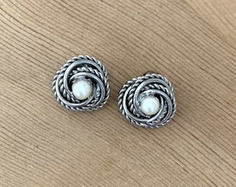 Silver Toned Knot Clip-on Earrings with Faux Pearl, Midcentury Rope Chain Knot Clip Earrings