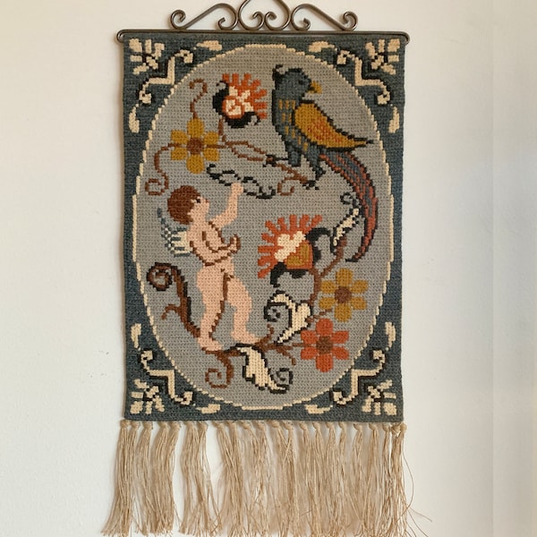 Vintage Swedish Embroidered Wool Wall Hanging With Cupid Cherub and Paradise Bird Twist Stitched Scandinavian Folk Art Tapestry Embroidery