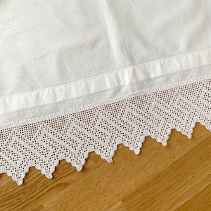 White Cotton Valance Curtain With Hand Crocheted Lace Trim Traditional Swedish Farmhouse Kitchen Decor
