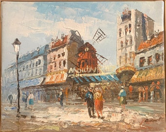 Caroline Burnett Copy of Oil Painting Moulin Rouge Parisian Street Scene Small Oil On Canvas 8x10 inch