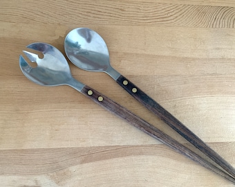 1950's Vintage Long Salad Servers In Stainless Steel With Cherry Wood Handles Salad Cutlery Fork Spoon Kitchenalia Serving Utensils