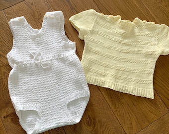 Vintage Baby Set Hand Knit White Sleeveless Bodysuit and yellow Top Cotton Yarn