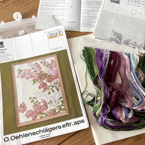 Oehlenshlägers Cross Stitch Embroidery Kit Floral Motif with Pink Lilacs Danish Design Wall Hanging Craft Project Danish Design 15 x 21 Inch