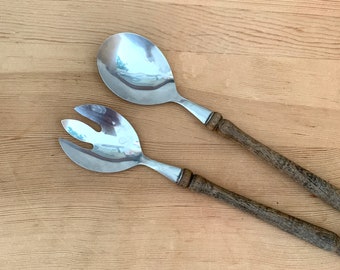 Swedish Vintage Salad Servers In Stainless Steel With Wooden Handles Salad Cutlery Fork Spoon Kitchenalia Serving Utensils