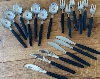 Set Classic Stainless Cutlery With Black Plastic Handles Knives, Forks and Spoon