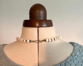 Collier Vintage Années 80 Perles Rectangles Pâte De Verre Bleu Et Blanc - Longueur 50 Cm