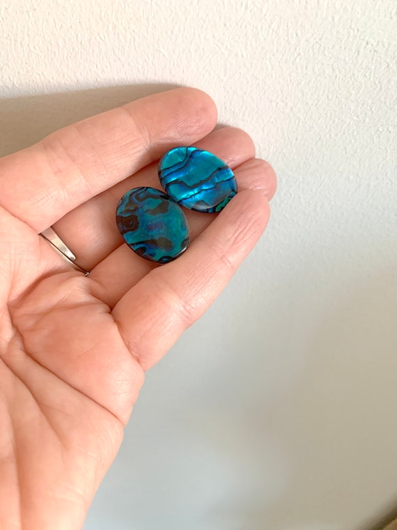 Oval Abalon Shell Flat Button Clipon Earrings Blu… - image 3