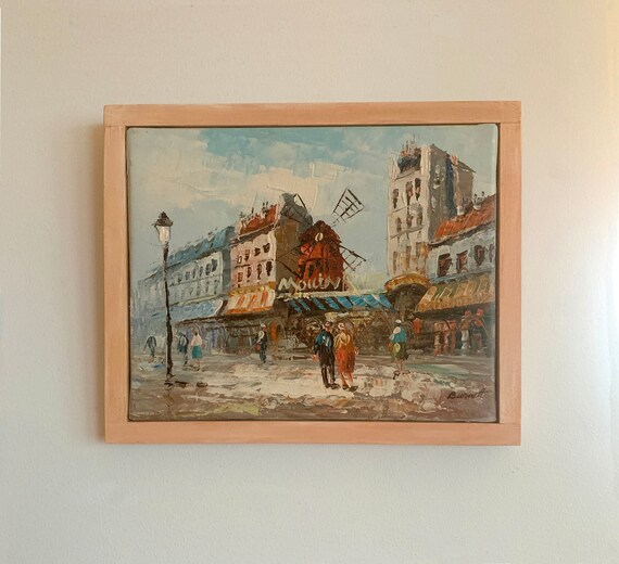 手書き油絵 パリの風景 ムーランルージュの風車 額付 絵画 インテリア 手描き油絵 C.COX パリの風景 F6 画家本人手描き 絵画 額入り 絵