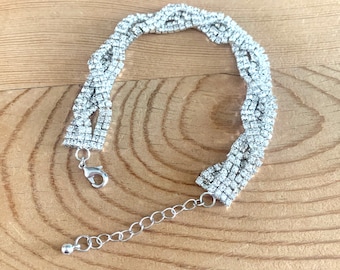 Twisted Multistrand Rhinestone Bracelet Long Length Silver Toned Braided Crystal Bracelet