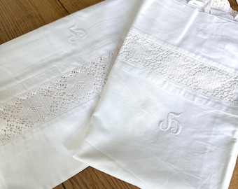 Semi Antique Bed Linen Set Top Sheet and Pillow Case With H Monogram and Hand Crocheted Lace Trim Twin Sized Bed Linen