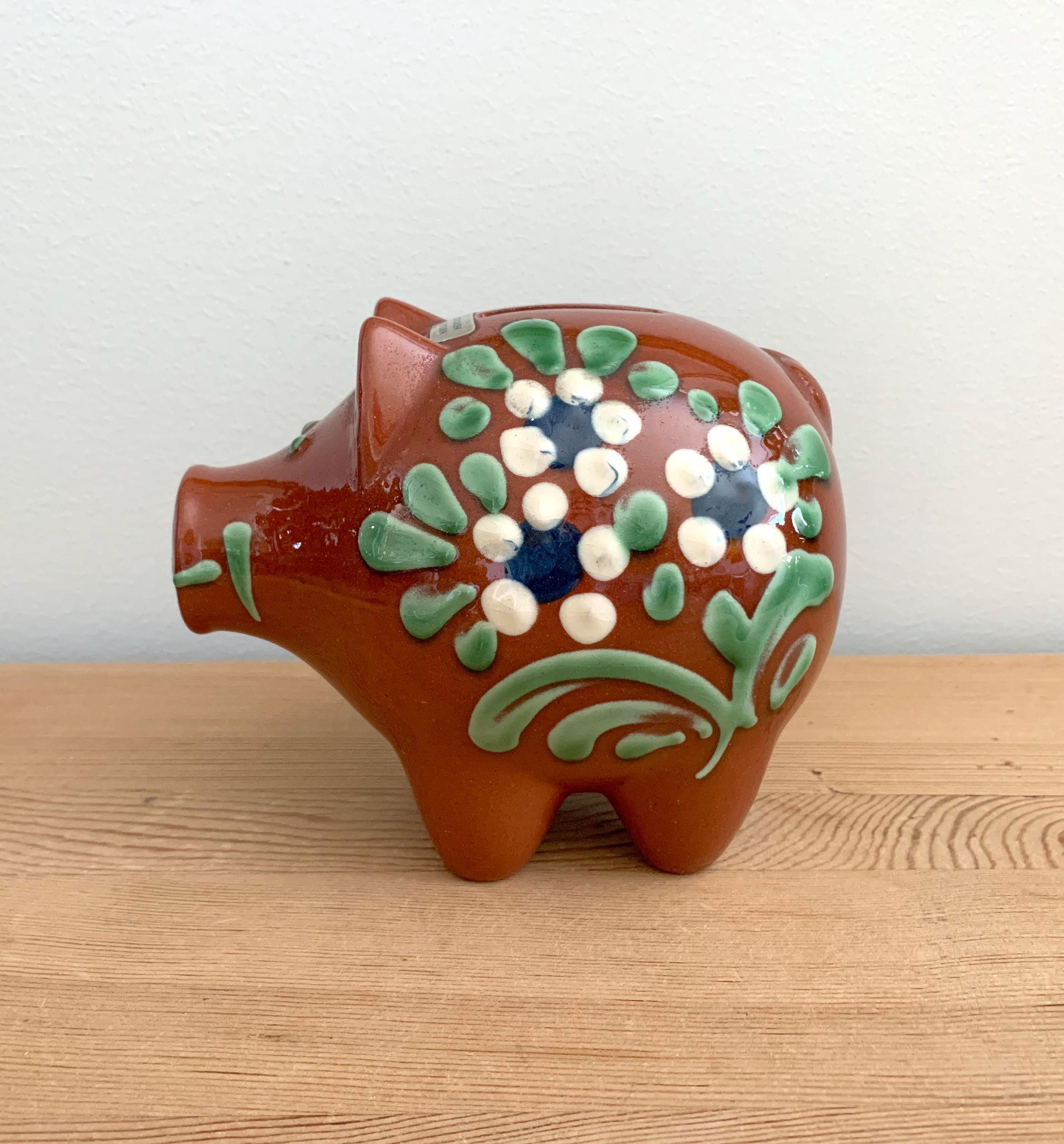 Swedish Ceramic Piggy Bank With Painted Flowers Glazed Terracotta