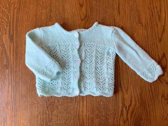 Hand Knit Vintage Baby Cardigan Mint Green With 5… - image 1