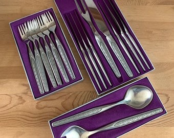 16 Pcs Norwegian Pewter Cutlery Set in Original Box Hardanger Tinn Salad Servers BBQ Cutlery Forks Knives Midcentury