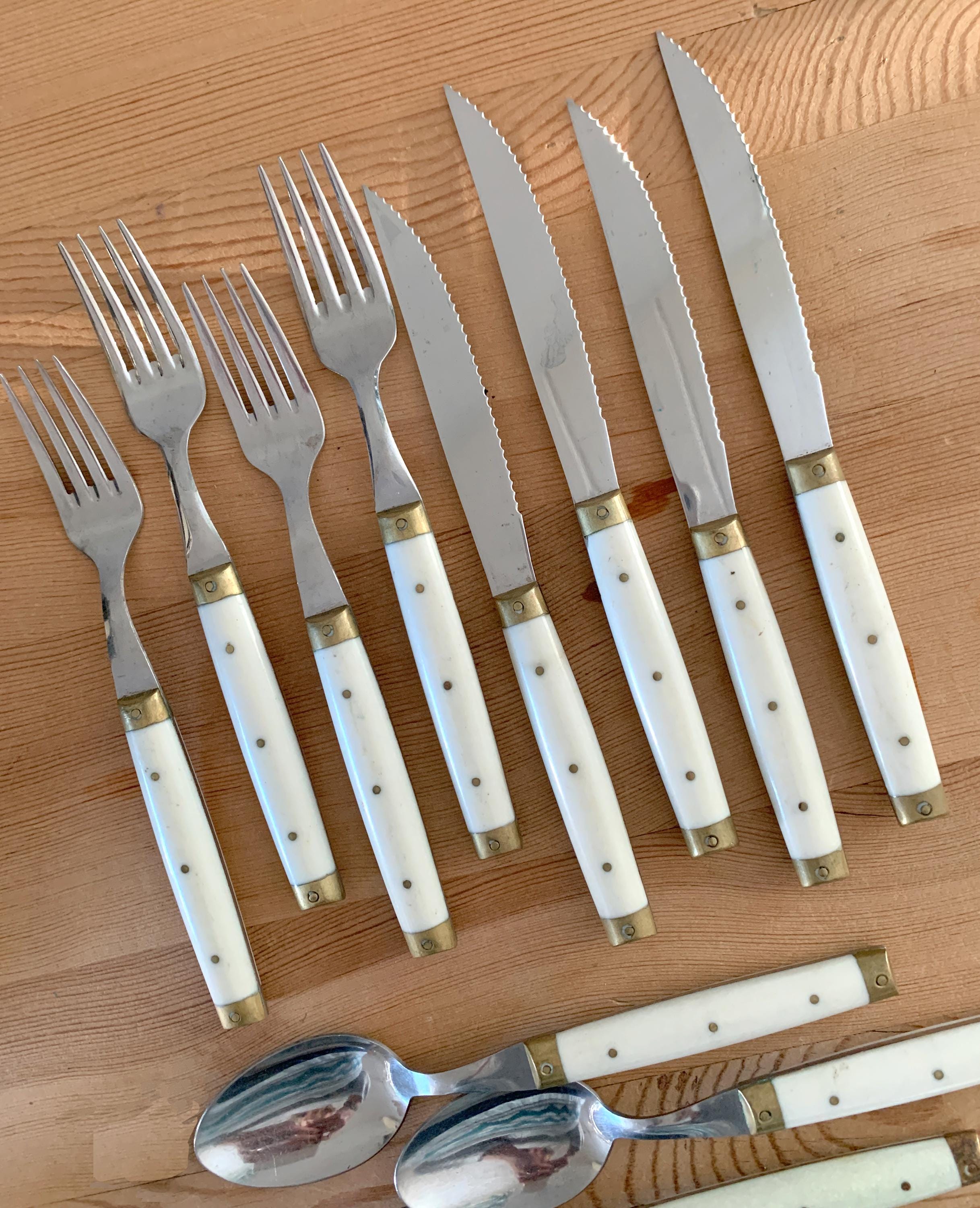 French Melron Vintage Bistro Cutlery Set With Rivets White Plastic