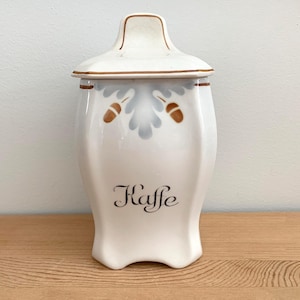 Art Deco Coffee Jar with Lid Ceramic Canister Jar with Brown and blue AcornOak Leaf Decor Kaffe