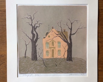 Silkscreen Print 1967 Signed Öhman Swedish Artist Trees and Old House Vintage Art Midcentury Trees and Old House  Serigraph