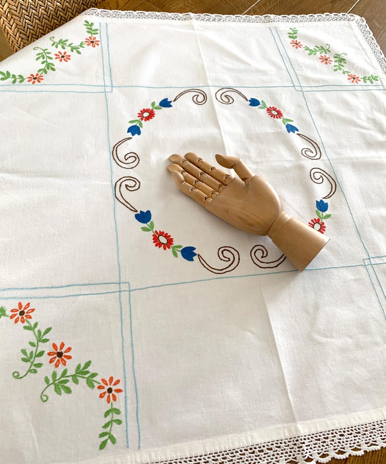 Square Hand Embroidered Cotton Table Topper / Cloth With Hand Crochet ...