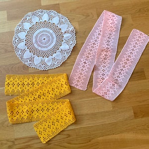 Lot 3 Hand Crochet Pieces 1 Doily and 2 Crochet Trim Pink Orange Cotton Yarn Craft Supply DYI for your Sewing Projects