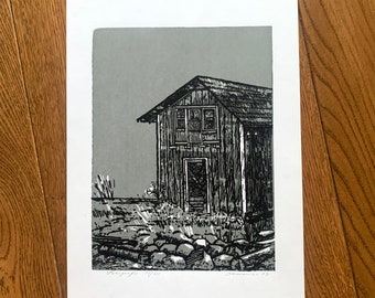 Vintage Art Silkscreen Print Signed Öhman 1974 Swedish Artist Old Barn Midcentury Art Serigraph Grey Black White