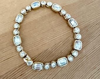 Preppy Gold Tone Tennis Bracelet With Clear Rhinestones 7.75 inch