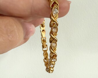 Preppy Gold Tone Tennis Bracelet With Clear Rhinestones 7 inch