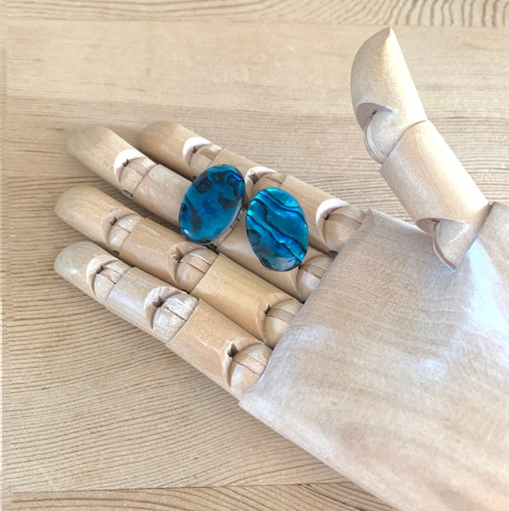 Oval Abalon Shell Flat Button Clipon Earrings Blu… - image 2