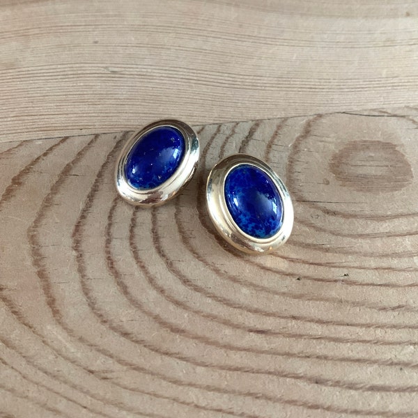 Oval Lapis Lazuli Clip-on Earrings Gold Rimmed Button Clipon Earrings Gold Tone Framing