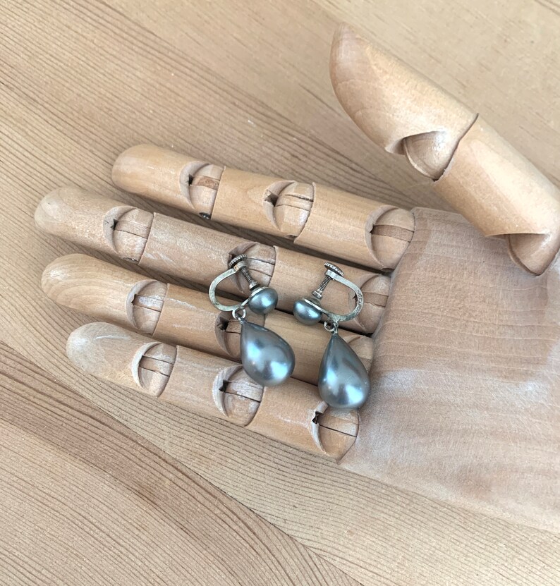 Large Grey Plastic Faux Pearl Tear Drop Earrings Screw Backs Midcentury