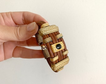 1970s Boho Leather Bracelet Gold Black