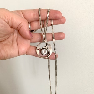 1976 Karl Laine Finnfeelings Modernist Silver Pendant Necklace Rock Crystal Quartz Stone Finnish Jewelry 925 16 inch Cuban Chain