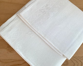 2 Vintage Damask Linen Kitchen Towels With FS Monogram White Linen Tea Towels Vintage With Hanger