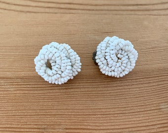 White 1940's Beaded Knot Clip on Earrings Wire Wrapped Seed Beeds Earrings