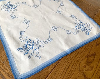 Square Swedish Hand Embroidered Vintage Linen Table Topper Blue Floral Flat Stitch Embroidery Small Table Cloth Dresser Scarf