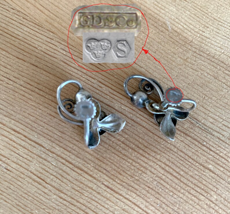 Swedish 1950/'s Silver Screw Back Earrings With Leaves and Florals Midcentury Marked GD /& Co