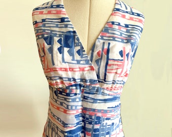 Sleeveless Vintage 1970's Summer Dress Abstract Print White Blue Pink Made in Sweden