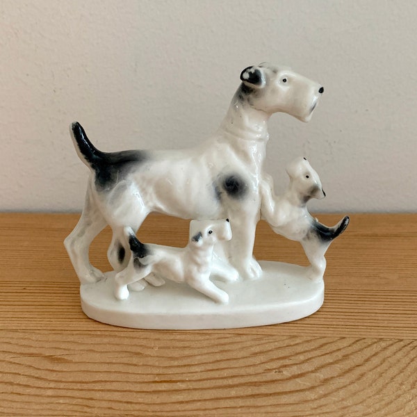 Schnauzer With Puppies Figurine Vintage Porcelain Dog Miniature Statue Made in Germany