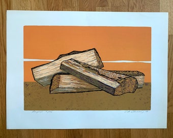 Vintage Art Silkscreen Print Signed Öhman 1984 Swedish Artist Still Life with Firewood Logs Midcentury Art Serigraph