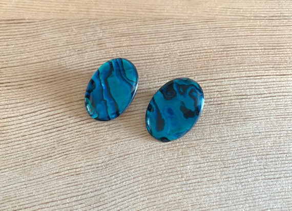 Oval Abalon Shell Flat Button Clipon Earrings Blu… - image 1