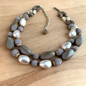 Classy Double Strand Mauve Necklace With Faux Pearl Glass Beads and Hook Closure 1950s Midcentury